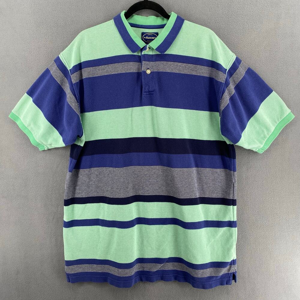 Vintage 90s Y2K Arrow Striped Polo Short Sleeve‎ Shirt Mens XL Cotton Blue Green